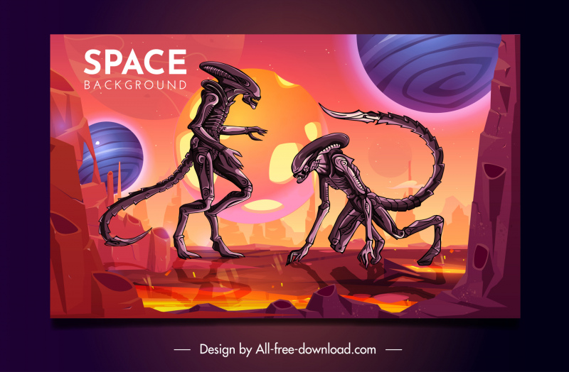 Plantilla de telón de fondo de perro alienígena especies aterradoras planetas ketch diseño de dibujos animados