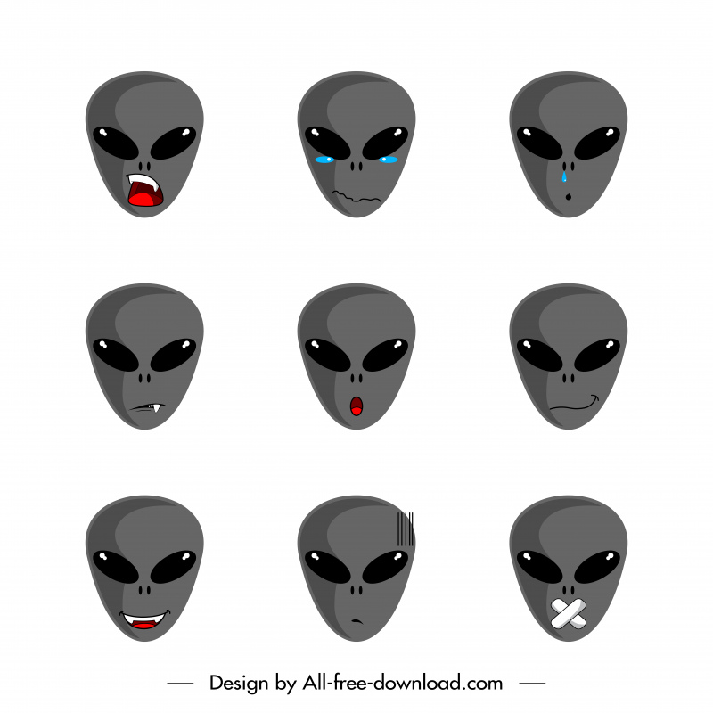 El emoticono alienígena establece caras planas divertidas boceto de dibujos animados