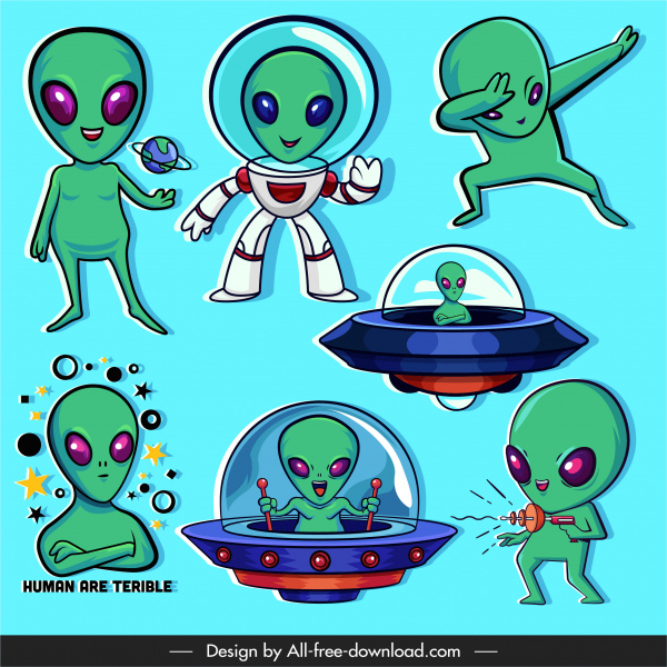 ícones alienígenas esboço personagens de desenho animado engraçado