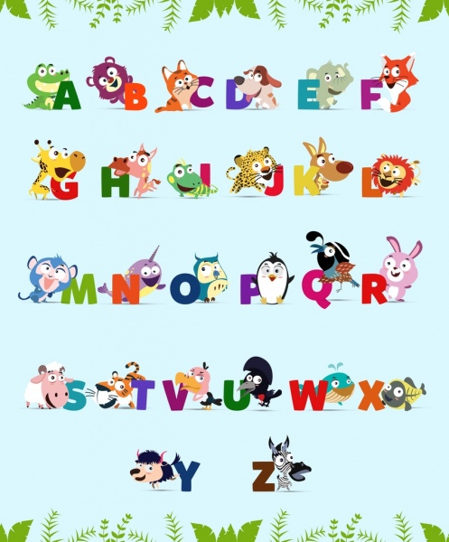alfabet latar belakang cute hewan yang berwarna-warni ikon dekorasi
