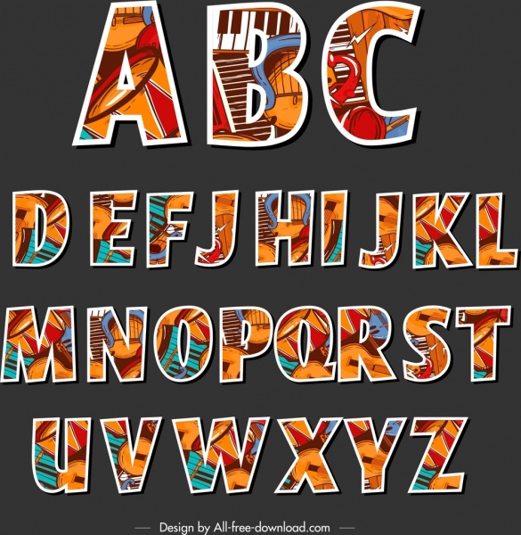 alfabet latar belakang musik instrumen dekorasi desain flat