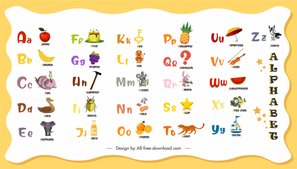 plantilla de educación alfabeto textos coloridos decoración