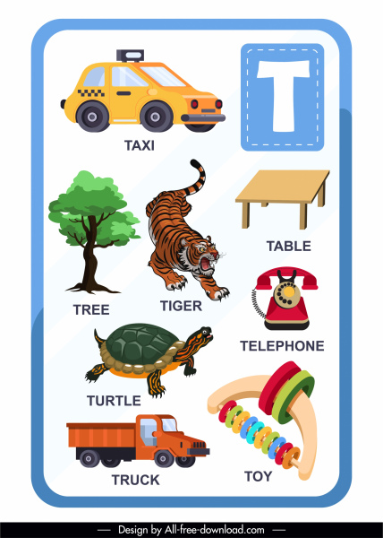 modelo educacional alfabeto t carta símbolos coloridos esboço