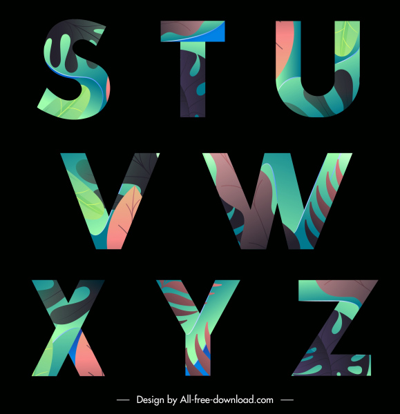 alfabeto letras fundo escuro design colorido deixa decoração de folhas