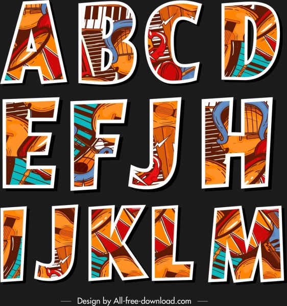 alfabeto letras ícones planos clássicos coloridos instrumentos decoração
