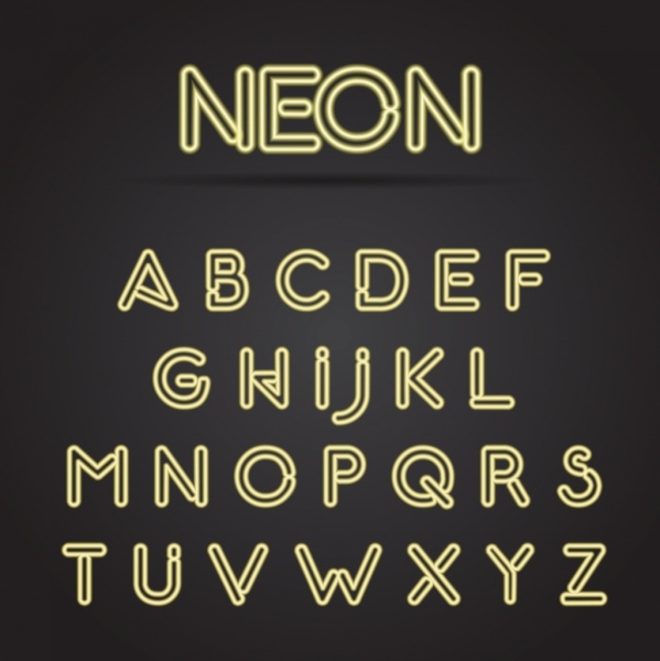 Iconos de letras alfabeto neón amarillo diseño capital