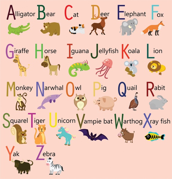 alfabeto sistemas diseño con animales de la historieta lindo