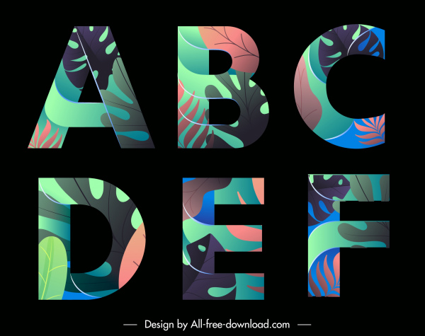 ikon alfabet warna-warni daun dekorasi desain gelap