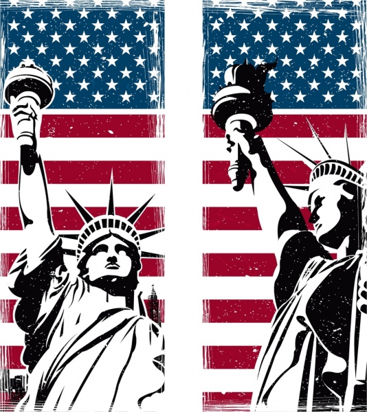 ameryka tle flagi wolności posąg ikon retro projektu