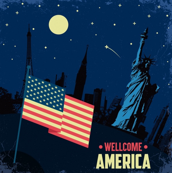 Cờ Mỹ tự do biểu tượng phong cảnh của bức tượng về đêm.