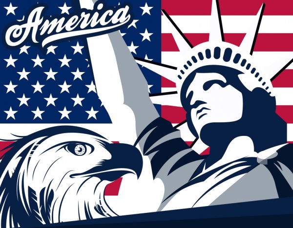 Bandeira de elementos de design América águia ícones de estátua de liberdade