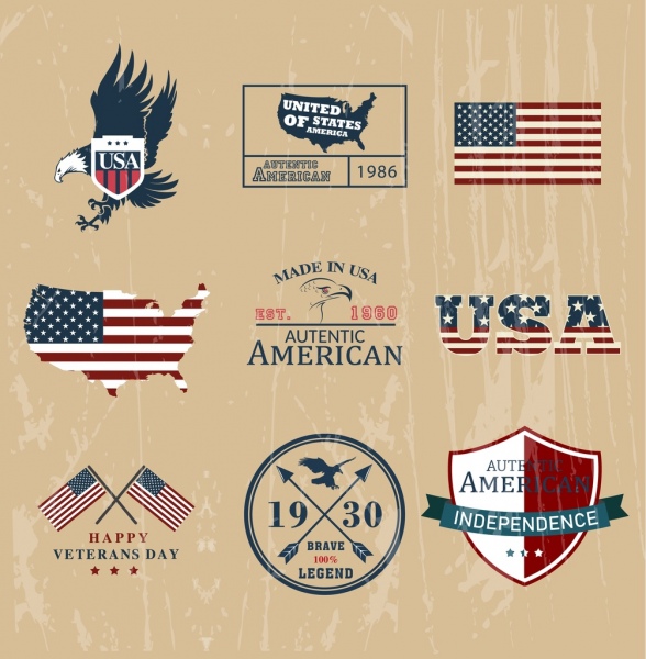 Amerika Design Elemente Adler Schild Texte Flaggensymbole
