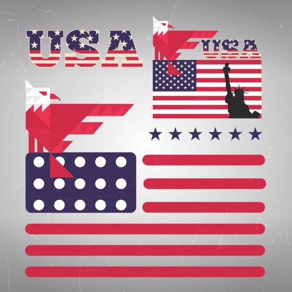 Bandeira de texto América design elementos águia ícones de estrelas