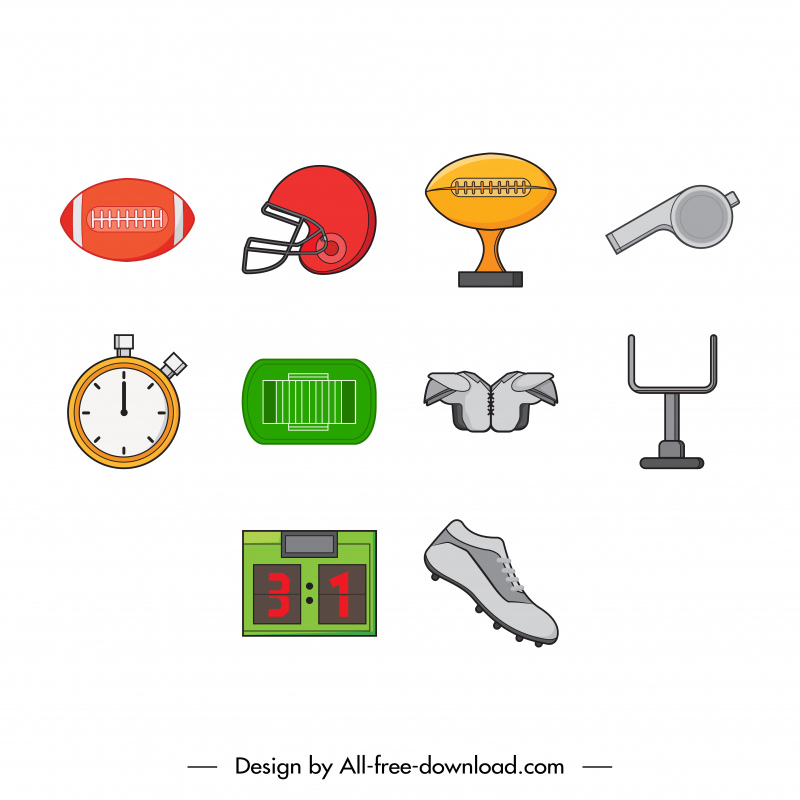 ícone de futebol americano define esboço de símbolos de objeto plano