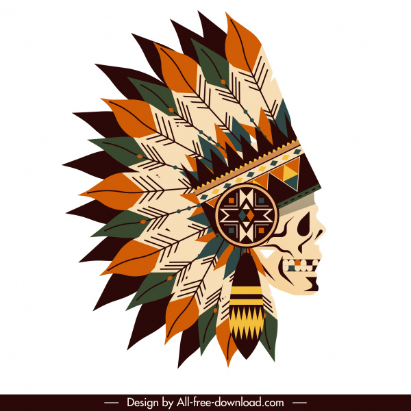 美国部落帽子图标头骨羽毛装饰