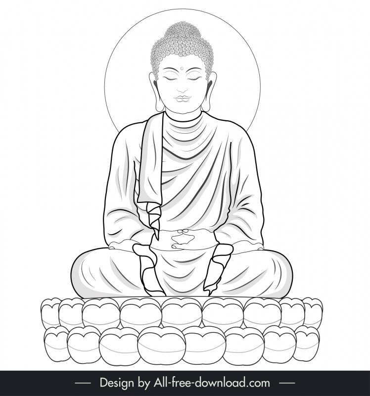 Ikon ilustrasi Buddha Amitabha Garis Besar Kartun Hitam Putih