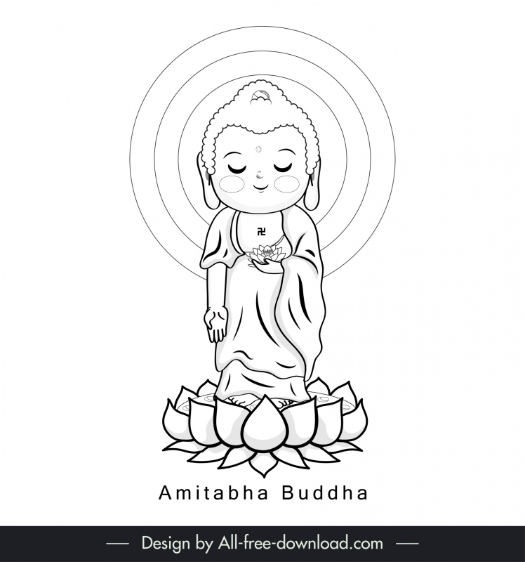 Amitabha Buddha Icono de ilustración Blanco negro contorno dibujado a mano