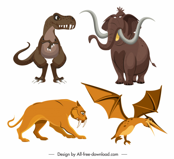древние животные иконы цветной дизайн мультфильма