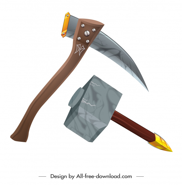 Antike Axt Hammer Waffe Symbole moderne 3D-Skizze