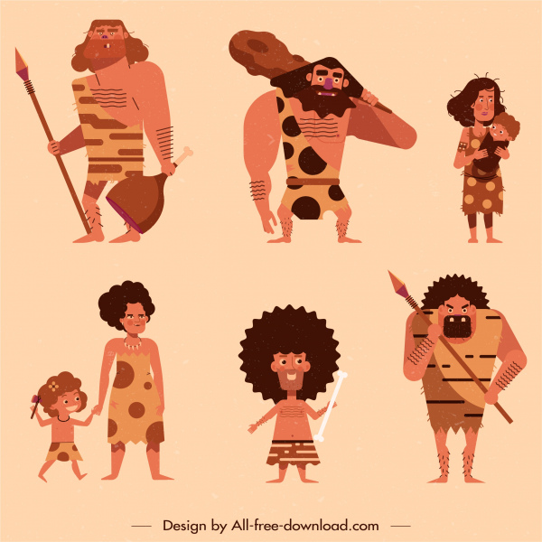 Ancient Caveman Icons Colored Classic Cartoon Characters