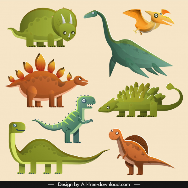 dinosaurus kuno spesies ikon berwarna-warni klasik sketsa