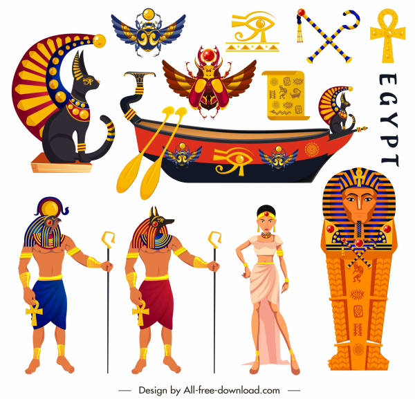 Mesir kuno elemen desain lambang berwarna-warni karakter sketsa