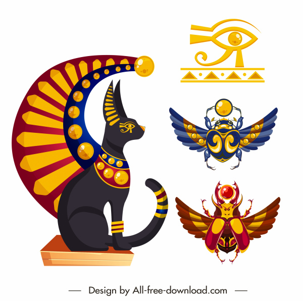 elemen desain Mesir kuno Emblem warna-warni sketsa