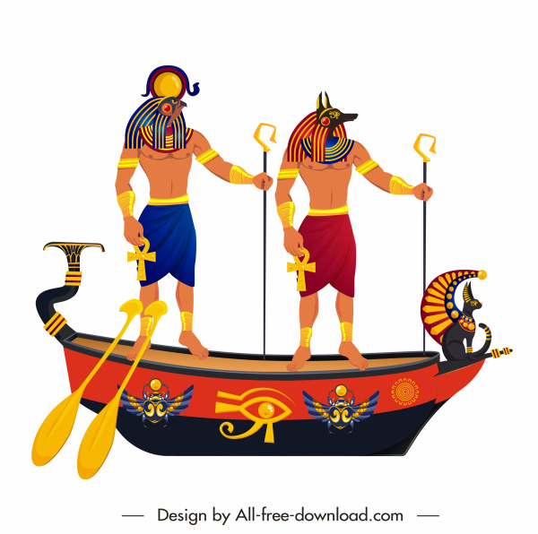 Mesir kuno penjaga kapal ikon sketsa klasik warna-warni