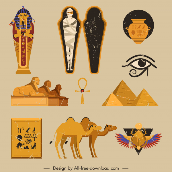 kuno Mesir ikon simbol retro berwarna sketsa