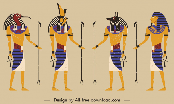 tentara Mesir kuno ikon berwarna-warni retro sketsa