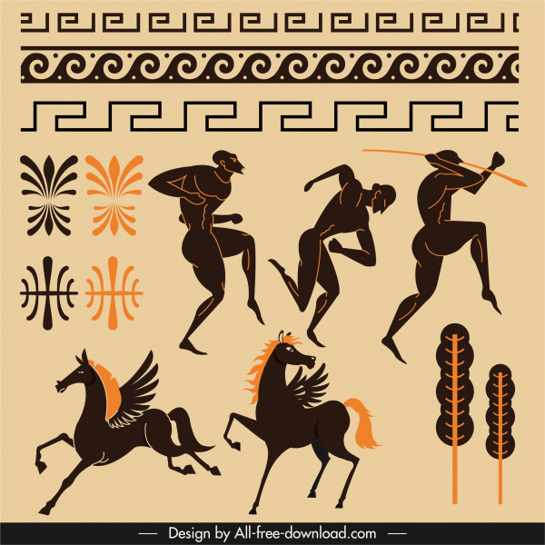 elemen dekorasi Yunani kuno sketsa klasik gelap datar