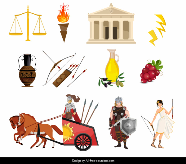 croqui de símbolos coloridos de elementos de concepção grega antiga
