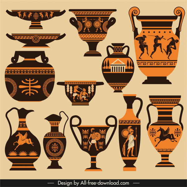 antigos elementos de design grego retro esboço de cerâmica