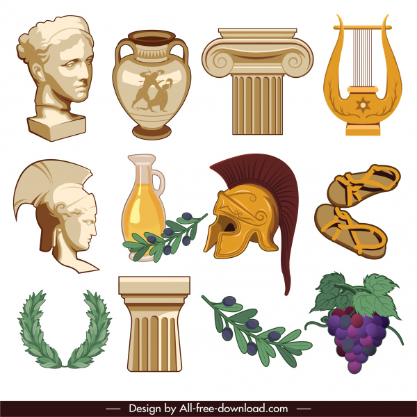 antike griechische Symbole Objekte Werkzeuge Pflanzen Skizze