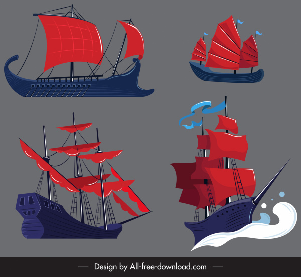 古代帆船圖示彩色3D草圖