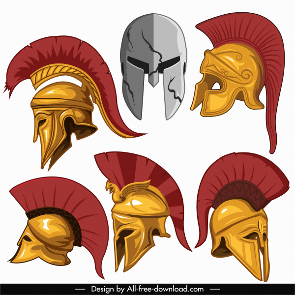 antiguos iconos de casco guerrero coloreado boceto en 3D