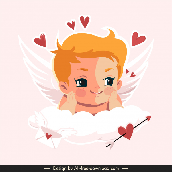 ikon cupid malaikat lucu anak laki-laki sketsa dekorasi hati