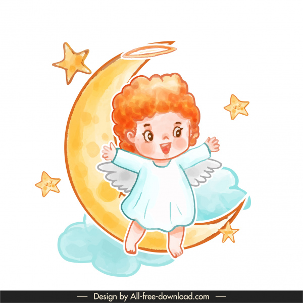 ícone anjo estrelas lua nuvem esboço personagem de desenho animado bonito