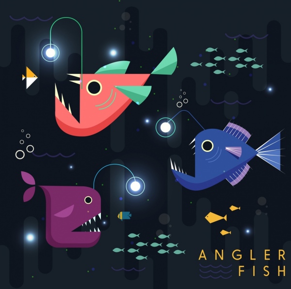 낚시꾼 물고기 배경 기하학적 디자인 컬러 만화