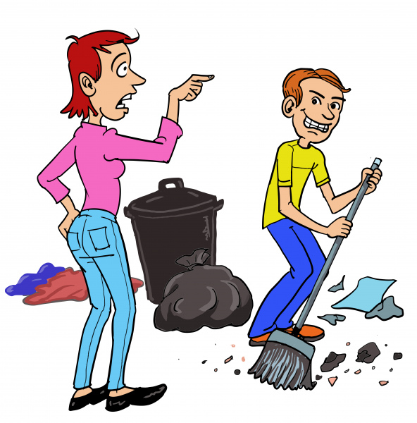 wütende Frau drängte Mann zu Tun Hausarbeit