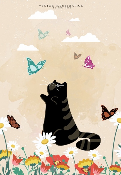 tierische Hintergrund schwarz Katze Schmetterlinge Symbole Dekor