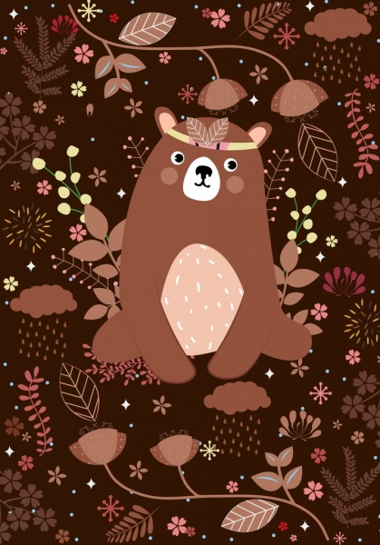 동물 배경 갈색 곰 아이콘 나뭇잎 장식