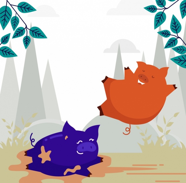 خلفية الحيوان الخنازير بهيجة رمز تصميم الرسوم المتحركة الملونة
