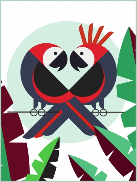 Tier Hintergrund Papagei Paar Blatt Icons flaches Design