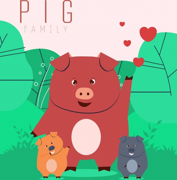 tierische Hintergrund Schwein Familie Symbol Comic-Figuren