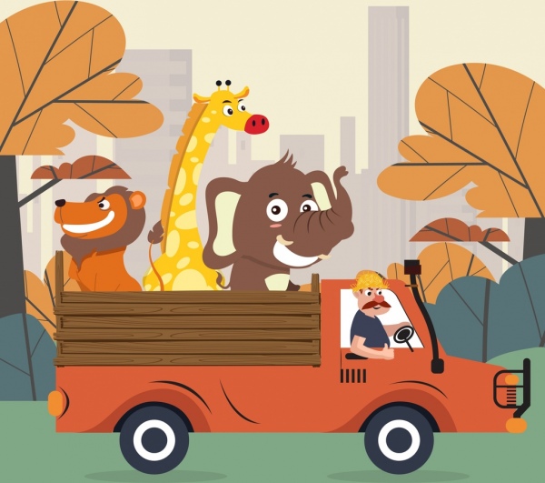 animaux fond camion lion girafe éléphant icônes