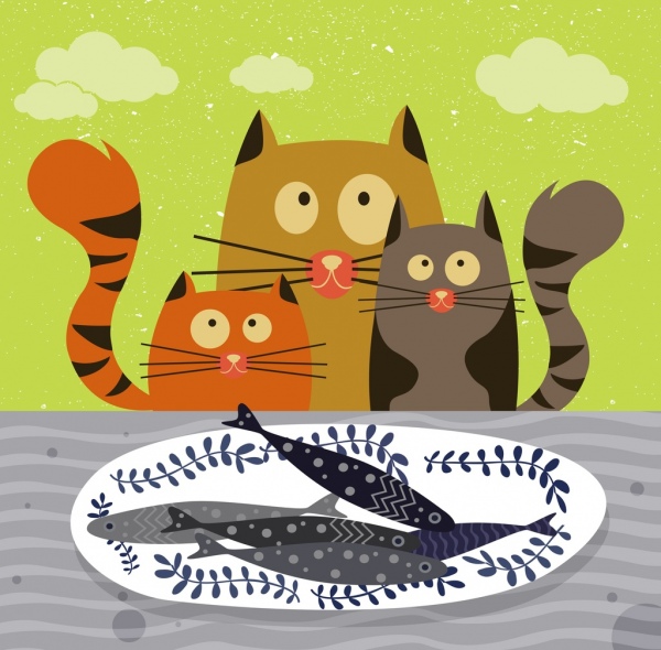 رسم الحيوانات السمكة القط الغذاء الكلاسيكية تصميم الايقونات