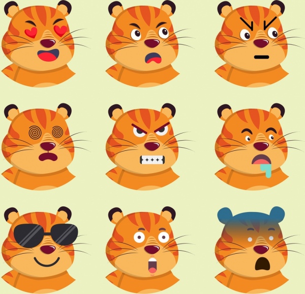 personaggi dei cartoni animati di icone della testa della tigre di collezione di emoticon animali