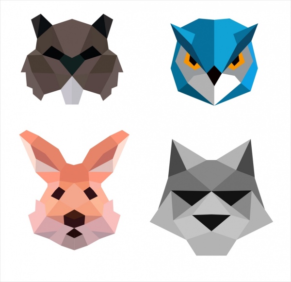 tête d'animal polygone décor couleur icônes isolement