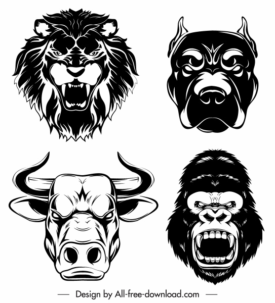 iconos de cabeza de animal boceto de silueta negra
